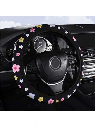 1pc Floral Print Car Steering Wheel Cover  Universal Elastic Car Steering Wheel Cover Without Inner Ring