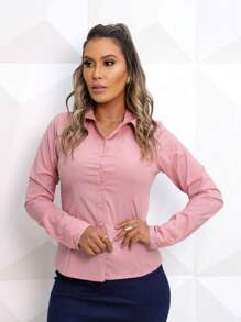 Camisa Manga Longa Slim | Camisete | Moda Evangélica |Blusa Feminina |SOCIAL - Nude - Visão 11
