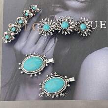 Western Country Style Flower Inlaid Turquoise Occipital Clip, Geometric Boho Fashion Hair Accessories For Women, Hair Clips, Hair Barrettes Claw Clips, School Stuff, Vacation Outfits Woman, Head Accessories, Hairpin - Multicolor - View 9