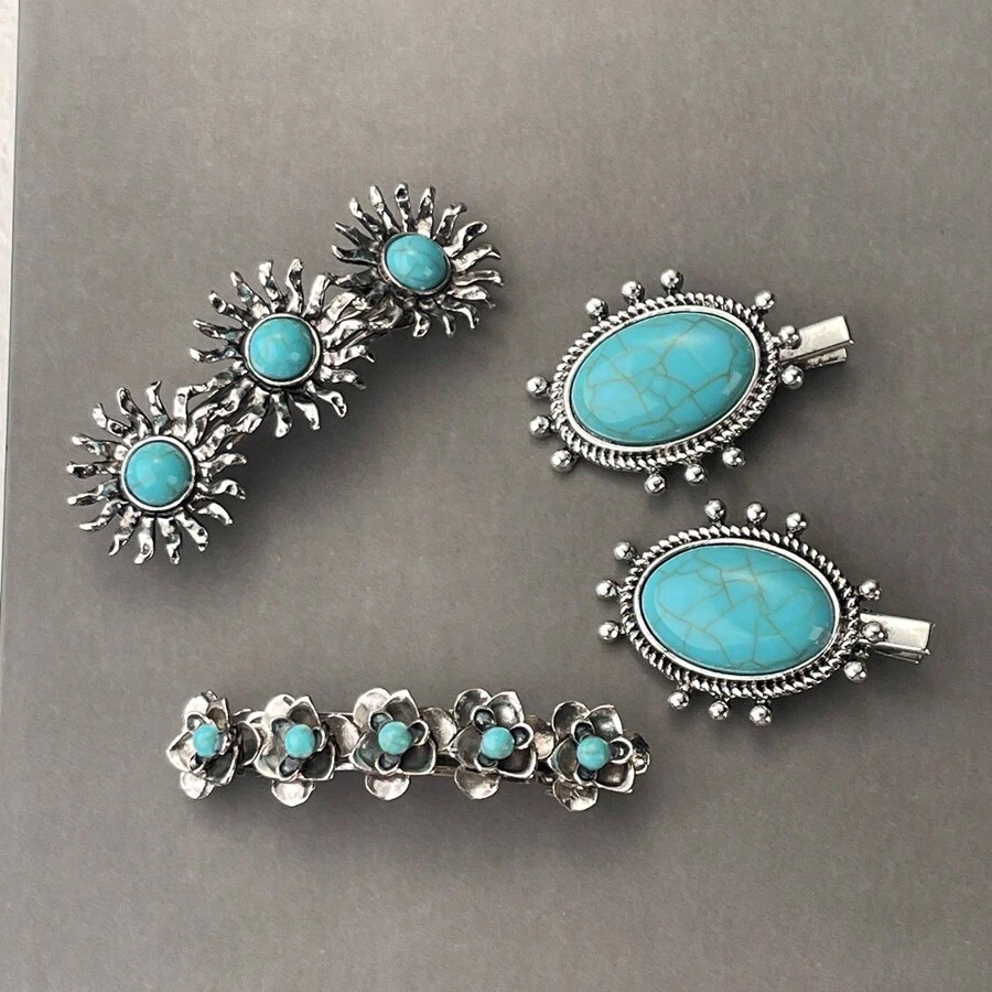 Western Country Style Flower Inlaid Turquoise Occipital Clip, Geometric Boho Fashion Hair Accessories For Women, Hair Clips, Hair Barrettes Claw Clips, School Stuff, Vacation Outfits Woman, Head Accessories, Hairpin - Multicolor - View 1