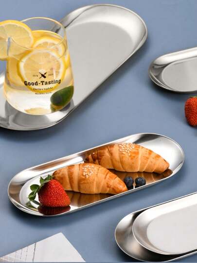 1 pièce Plateau en acier inoxydable, plateau à pain ovale argent, plateau de rangement multifonction comme cadeau de Noël pour la maison