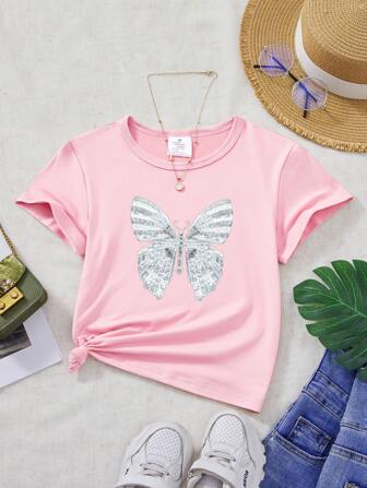女童休闲蝴蝶印花短袖T恤，夏季