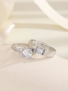 2pcs European And American Style Copper Waist Shaped Cz Adjustable Ring, Couple Rings For Daily Wear And Festival Gifts - Silver - View 3