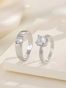 2pcs European And American Style Copper Waist Shaped Cz Adjustable Ring, Couple Rings For Daily Wear And Festival Gifts - Silver - View 5