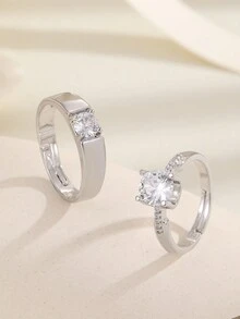 2pcs European And American Style Copper Waist Shaped Cz Adjustable Ring, Couple Rings For Daily Wear And Festival Gifts - Silver - View 4