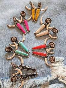 1pair Vintage Western Style Earrings, Matched With Multicolor Stones, Cowboy Theme - Bull Head - View 3