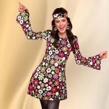 5Pcs 70s 80s Women Hippie Costume Set Disco Outfit Women And Girls Peace Sign Earring Necklace Headband Dress For Party Cosplay, (Random Pattern Position) Halloween Christmas Prom