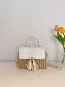 流苏编织盒，撞色拼布翻盖手提包，女士绳肩带，草编钱包，草编沙滩包，沙滩必需品，沙滩必需品，沙滩用品和夏季必需品，柳条包，夏季度假包，沙滩钱包，夏季、度假和日常使用的完美之选