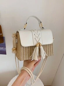 流苏编织盒，撞色拼布翻盖手提包，女士绳肩带，草编钱包，草编沙滩包，沙滩必需品，沙滩必需品，沙滩用品和夏季必需品，柳条包，夏季度假包，沙滩钱包，夏季、度假和日常使用的完美之选