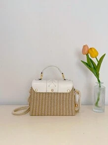 流苏编织盒，撞色拼布翻盖手提包，女士绳肩带，草编钱包，草编沙滩包，沙滩必需品，沙滩必需品，沙滩用品和夏季必需品，柳条包，夏季度假包，沙滩钱包，夏季、度假和日常使用的完美之选