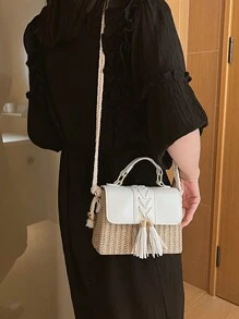 流苏编织盒，撞色拼布翻盖手提包，女士绳肩带，草编钱包，草编沙滩包，沙滩必需品，沙滩必需品，沙滩用品和夏季必需品，柳条包，夏季度假包，沙滩钱包，夏季、度假和日常使用的完美之选