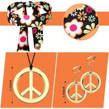 Conjunto de disfraz hippie de los años 70 y 60 con accesorios de ropa y vestido disco para mujeres para fiesta, con patrón aleatorio - Floral negro - Ver 5