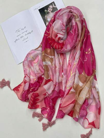 时尚花卉金属印花围巾，活力百搭披肩/围巾，适合女性户外、海滩、春秋季搭配连衣裙穿着。