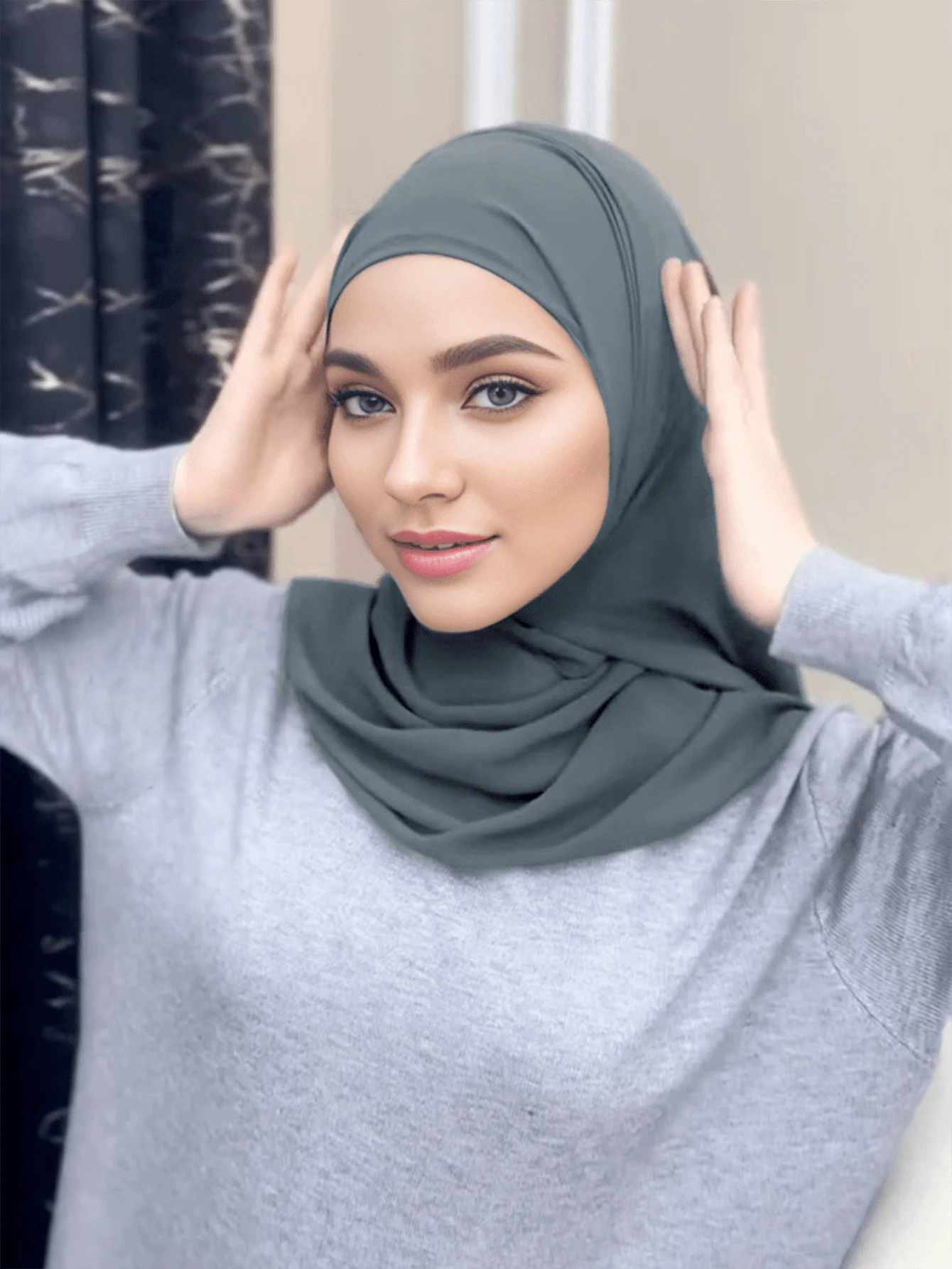 1pc Women's Convenient Sweat-Absorbent Instant Hijab With Full Coverage Of Chin In Solid Color Headband For Abaya Daily Under Cap Veiled Clothes - Dark Grey - View 1