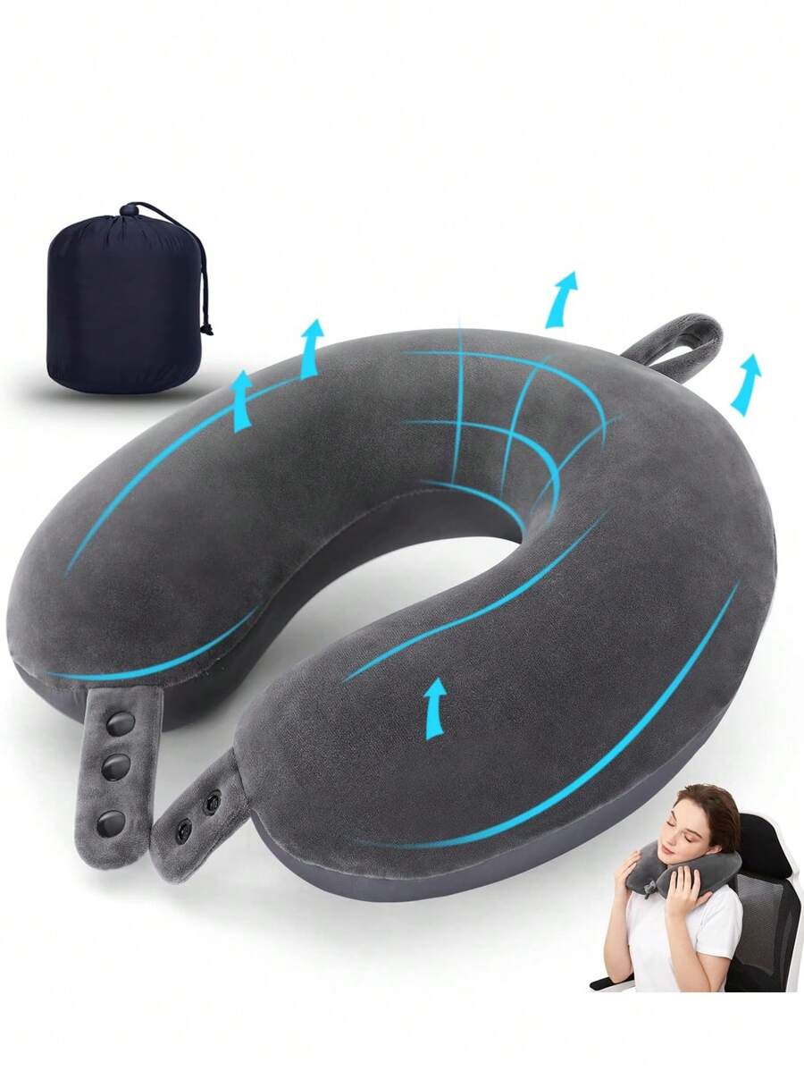 Memory Foam Travel Neck Pillow, Best Airplane Pillow With Soft Adjustable Head Support, Suitable For Airplane, Car And Home Recliner - Grey - View 1