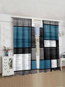 2pcs/Set Seamless Wood Grain Textured Wood Laminate, Geometric Digital Printing Sheer Curtains For Living Room, Bedroom, Outdoor, Semi-Transparent Curtain Home Decor