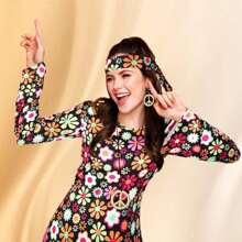 5Pcs 70s 80s Women Hippie Costume Set Disco Outfit Women And Girls Peace Sign Earring Necklace Headband Dress For Party Cosplay, (Random Pattern Position) Halloween Christmas Prom