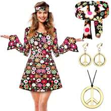 5Pcs 70s 80s Women Hippie Costume Set Disco Outfit Women And Girls Peace Sign Earring Necklace Headband Dress For Party Cosplay, (Random Pattern Position) Halloween Christmas Prom