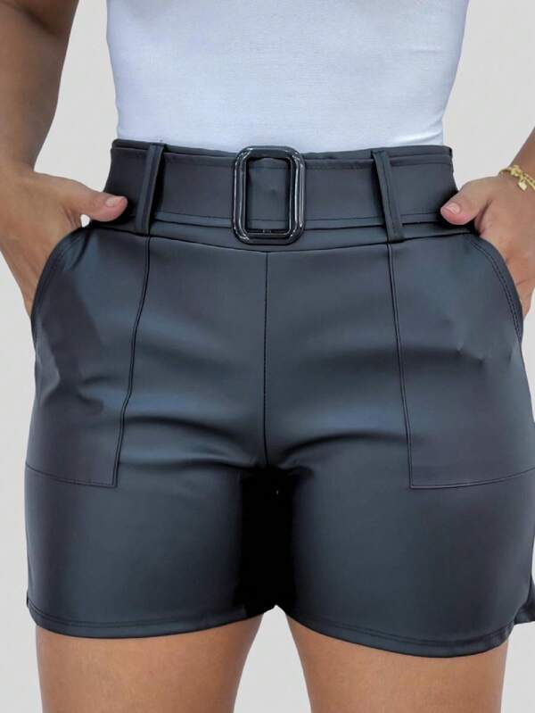 Short Couro Feminino Cinto Fixo Fake Shein