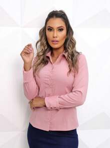 Camisa Manga Longa Slim | Camisete | Moda Evangélica |Blusa Feminina |SOCIAL - Nude - Visão 3
