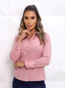 Camisa Manga Longa Slim | Camisete | Moda Evangélica |Blusa Feminina |SOCIAL - Nude - Visão 5