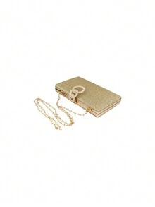 Gretel Women's Hard Shell Clutch Bag For Evening Party Prom Night, Rectangle Shaped, Rhinestone Decoration - Gold - View 6