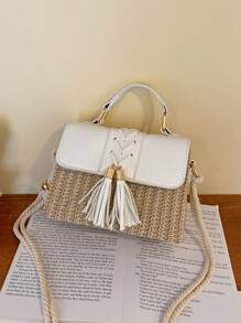 流苏编织盒，撞色拼布翻盖手提包，女士绳肩带，草编钱包，草编沙滩包，沙滩必需品，沙滩必需品，沙滩用品和夏季必需品，柳条包，夏季度假包，沙滩钱包，夏季、度假和日常使用的完美之选