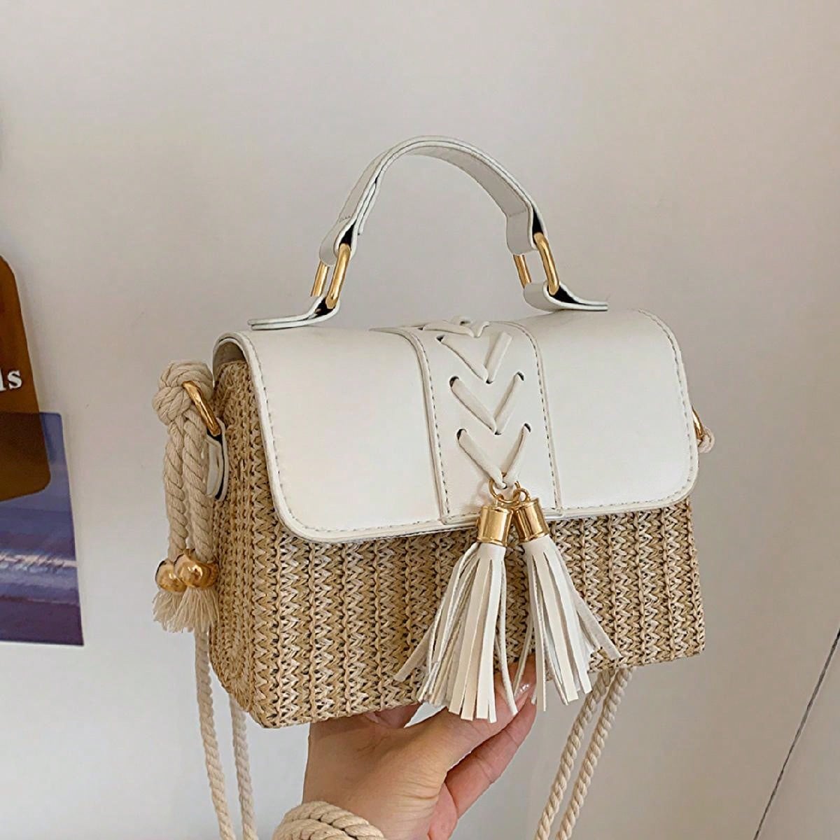 Tassel Woven Box,Handbag With Contrast Color Patchwork Flap,Rope Shoulder Strap For Women, Straw Purse, Straw Beach Bag, Beach Necessities, Beach Essentials,Beach Stuff & Summer Essentials, Wicker Bag, Vacation Bag For Summer, Beach Purse, Perfect For Summer, Vacation & Daily Use, Travel Must Haves, Fashion Summer Vacation Bag, Beach Essentials Women Bags For Vacation & Holiday