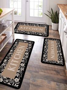 1/2 件经典花卉和文字印花厨房垫，柔软毛绒矩形防滑地垫，适用于客厅、餐厅、卧室