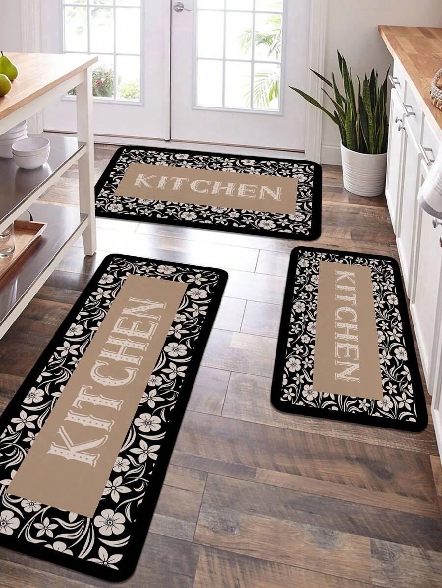 1/2 件经典花卉和文字印花厨房垫，柔软毛绒矩形防滑地垫，适用于客厅、餐厅、卧室