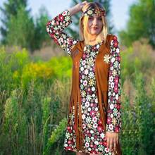 Conjunto de disfraz hippie de los años 70 y 60 con accesorios de ropa y vestido disco para mujeres para fiesta, con patrón aleatorio - Floral negro - Ver 4