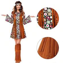 Conjunto de disfraz hippie de los años 70 y 60 con accesorios de ropa y vestido disco para mujeres para fiesta, con patrón aleatorio - Floral negro - Ver 6