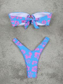 Polovedo Official New Spring/Summer Floral Print Ruched Sexy Bandeau Bikini Set, Casual Fashion For Women, Suitable For Valentine's Day, Beach, Vacation, Party, Date - Purple - View 3