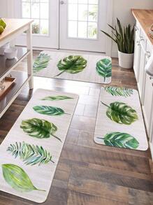 1pc Fresh Green Leaf Shaped Kitchen Mat, Crystal Velvet Rectangle Soft Anti-Slip Absorbent Rug Suitable For Living Room Household ,Room Decor - Multicolor - View 1