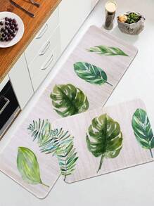 1pc Fresh Green Leaf Shaped Kitchen Mat, Crystal Velvet Rectangle Soft Anti-Slip Absorbent Rug Suitable For Living Room Household ,Room Decor - Multicolor - View 3