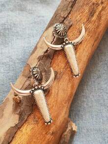 1pair Vintage Western Style Earrings, Matched With Multicolor Stones, Cowboy Theme - Bull Head - View 11