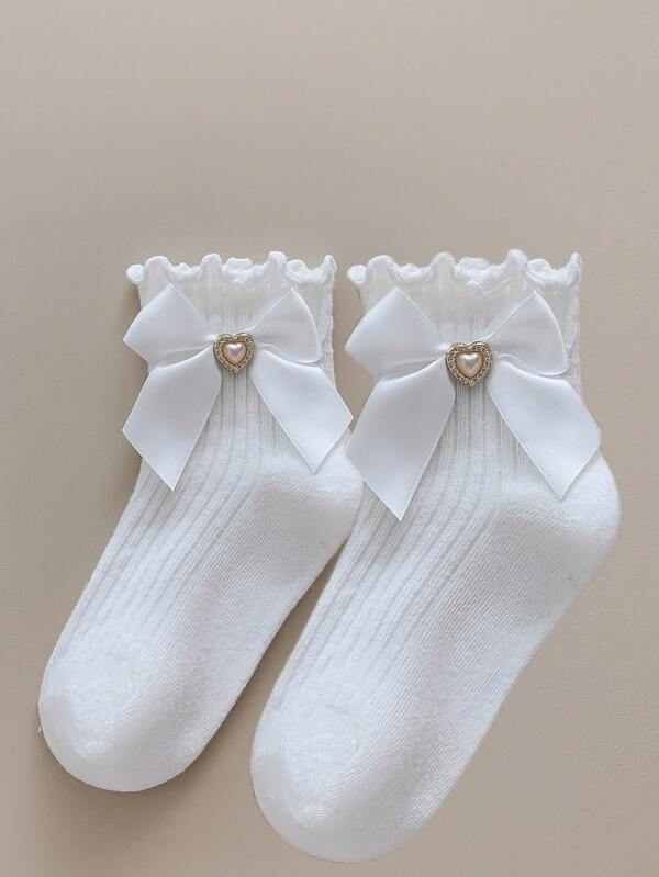 2pairs/Set Cute Baby & Student Pearl & Bow Decorated Short Socks With Sweetheart Top And Matched With Leather Shoes Or Princess Dress For Girls