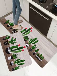 1 pieza Estera de cocina impresa con cactus y palabras estilo vintage, suave rectangular y acolchada, antideslizante y absorbente para uso doméstico en la sala de estar, decoración para habitación - Multicolor - Ver 4