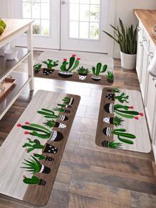 1 pieza Estera de cocina impresa con cactus y palabras estilo vintage, suave rectangular y acolchada, antideslizante y absorbente para uso doméstico en la sala de estar, decoración para habitación - Multicolor - Ver 1