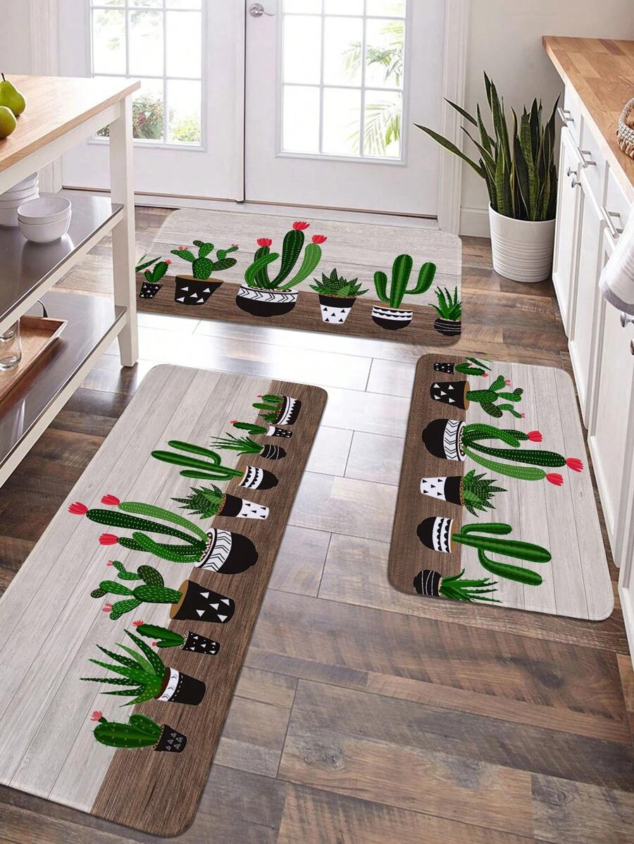 1 pieza Estera de cocina impresa con cactus y palabras estilo vintage, suave rectangular y acolchada, antideslizante y absorbente para uso doméstico en la sala de estar, decoración para habitación - Multicolor - Ver 1