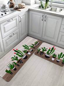 1 pieza Estera de cocina impresa con cactus y palabras estilo vintage, suave rectangular y acolchada, antideslizante y absorbente para uso doméstico en la sala de estar, decoración para habitación - Multicolor - Ver 6
