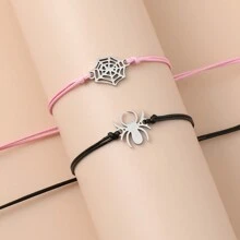 2pcs Creative Personalized Stainless Steel Spider & Wax Rope Handmade Weave Couple Friendship Blessing Card Bracelet - Black Powder - View 2