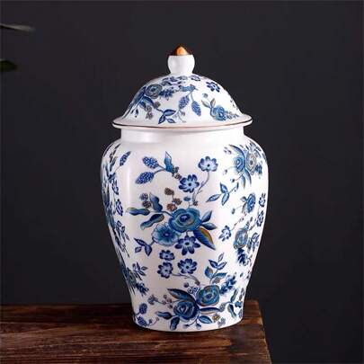 1pc Floral Printed Ceramic Tea Canister, Portable Chinese-Style Tea Caddy, Coffee Bean & Grain Storage Jar, Large Capacity Tea Container,Teaware & Cha Dao Accessory, Sugar & Creamer Jar