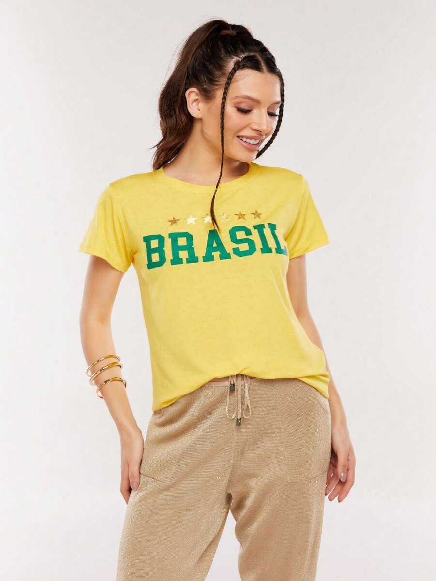 Camiseta Do Brasil Feminina - Amarelo - Visão 1