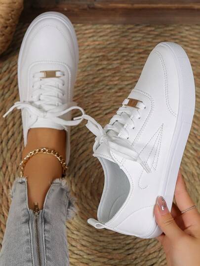 Women's White Shoes, British-Inspired Leather Sneakers With Lace-Up, Round Toe Low Top Skate Shoes, Fashionable Breathable Slip-Resistant Student Shoes