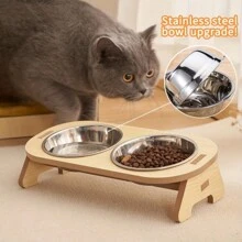 1pc Cat Tilted Feeding/Water Bowl With Wooden Stand, Protects Neck, Detachable Stainless Steel Pet Bowl (For Cats) - View 2