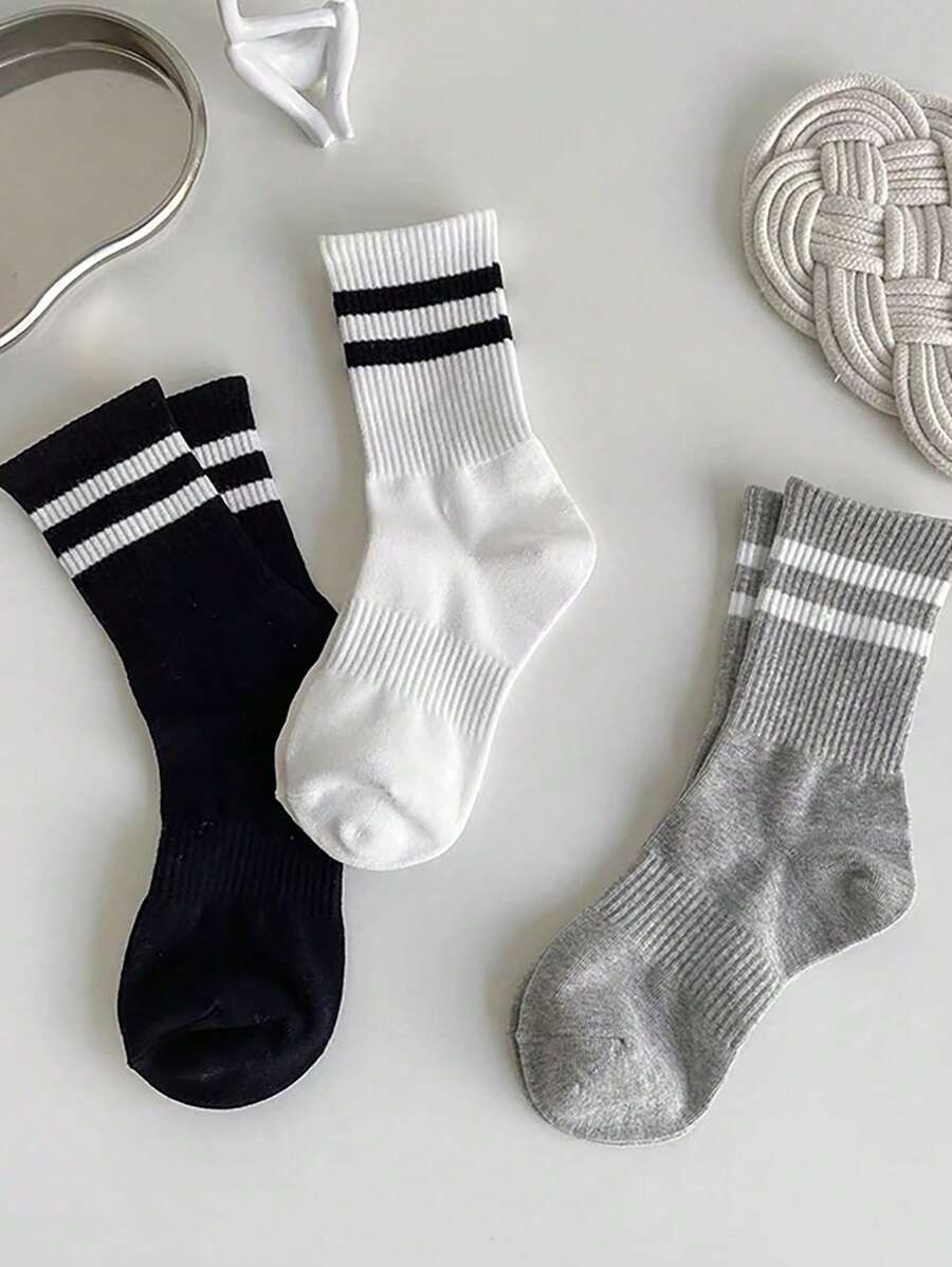 3双休闲百搭运动条纹中筒袜 - 黑與白 - 查看 1