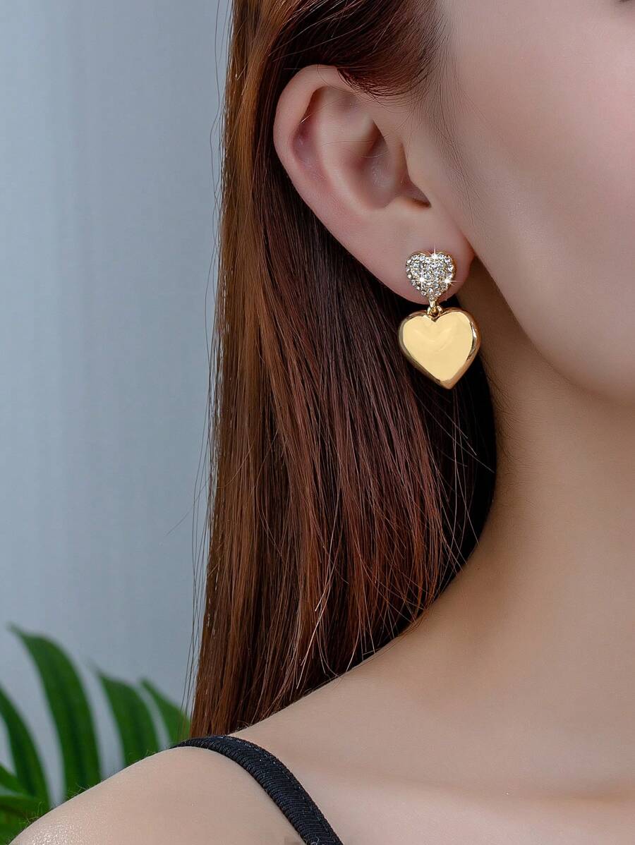 1pair Fashionable DoubleLayered DiamondStudded Heart Shaped