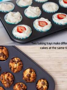 1 pieza molde para muffins, moldes para magdalenas, bandeja antiadherente de acero inoxidable para hornear mini magdalenas, tartas de magdalenas, fácil liberación y limpieza, duradero, negro - Negro - Ver 3