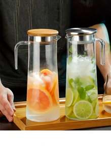 1pc Heavy Duty Beverage Pitcher With Lid, 37.1oz/54.1oz, Stainless Steel Or Wooden Lid, Suitable For Juice, Beer, Bubble Tea, Summer Drink, Kitchenware, Home Appliances, Birthday Gift - Clear - View 2